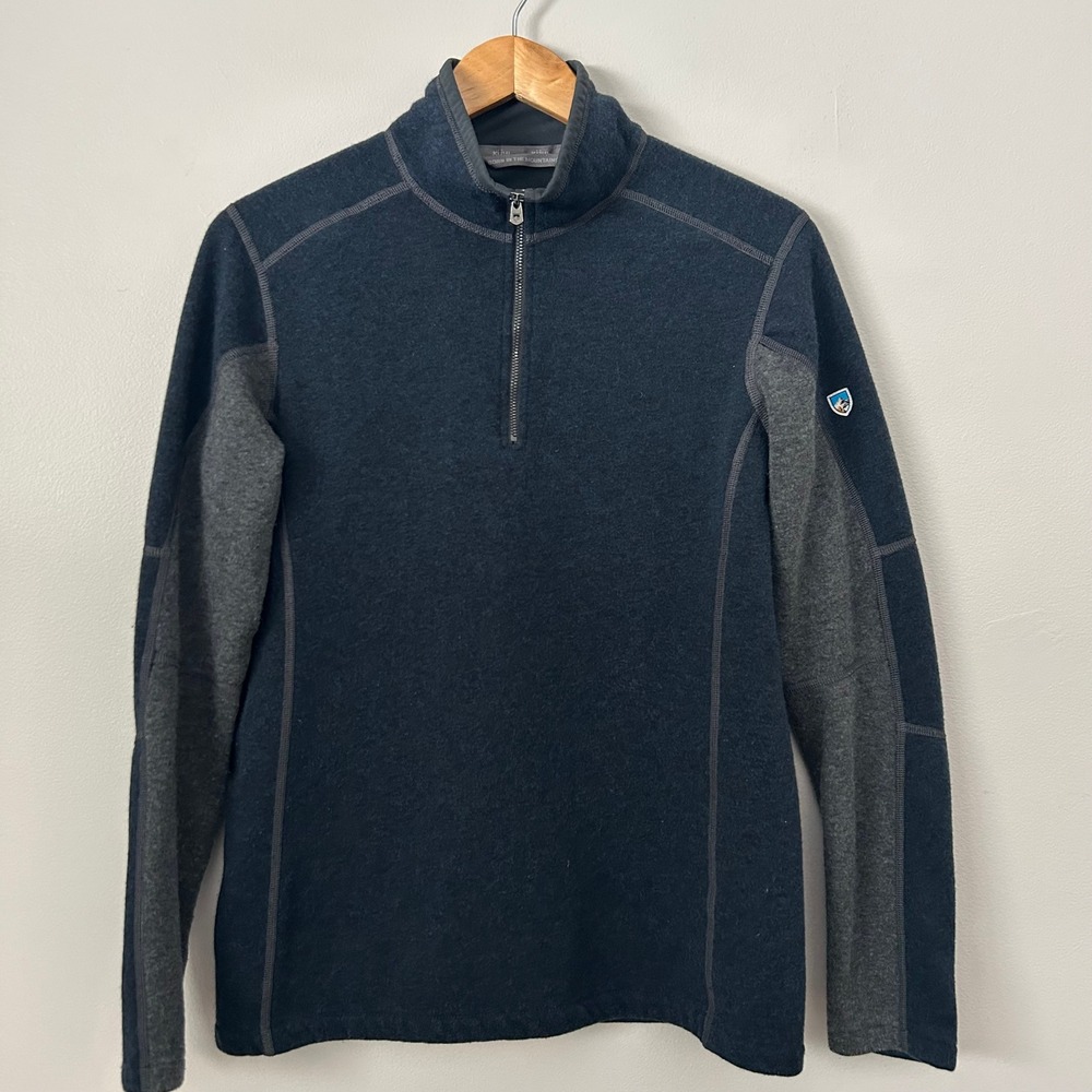KUHL Pullover Mens S Revel Navy Blue Gray 1/4 Zip Fleece Lined Mock Neck Sweater